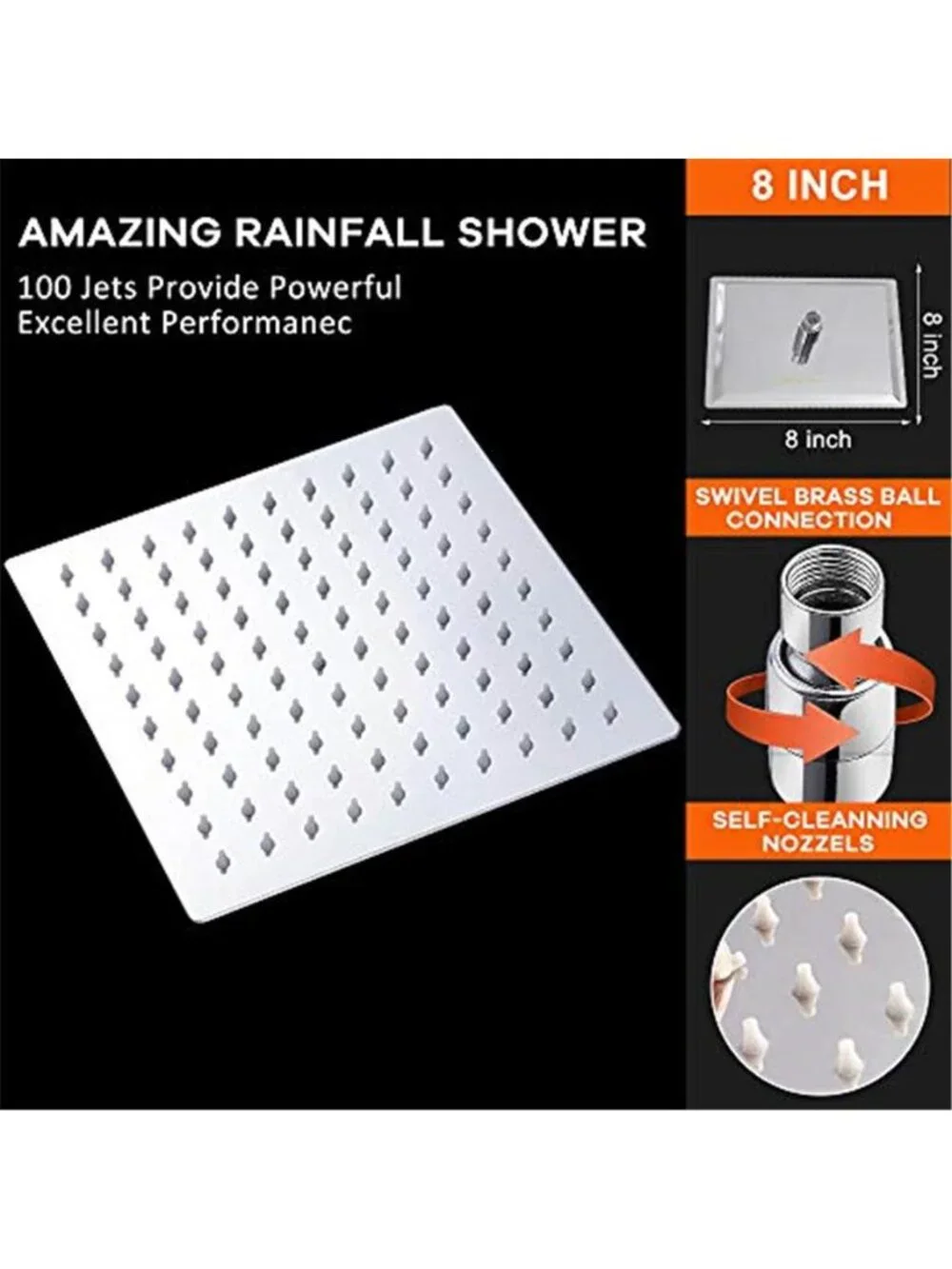 Rain Shower Head High Flow Stainless Steel Square Rainfall Shower 8 Inches